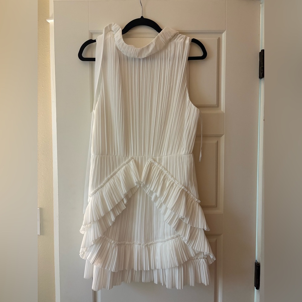 Lulus Alvana White Plisse Mock Neck Ruffled Mini Dress